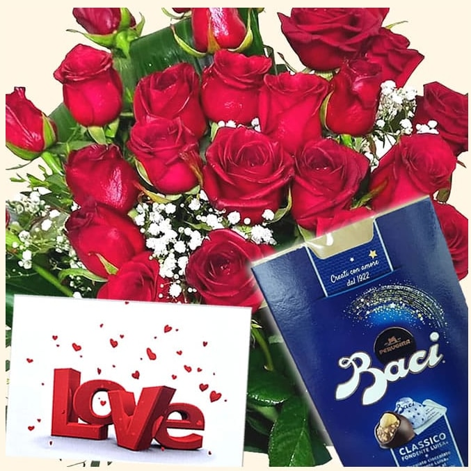 20 ROSE ROSSE con cioccolatini e biglietto auguri. Consegniamo a domicilio a Roma