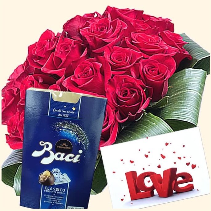 25 RED ROSES with chocolates and greeting card. Flower delivery in Rome