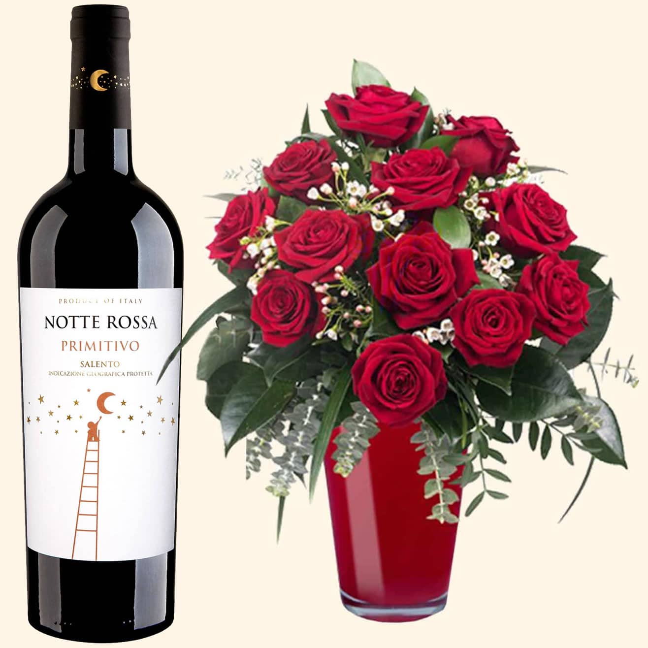 Consegna a domicilio Bouquet di 12 Rose rosse e Bottiglia di Primitivo Notte Rossa
