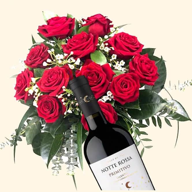 Consegna a domicilio Bouquet di 12 Rose rosse e Bottiglia di Primitivo Notte Rossa