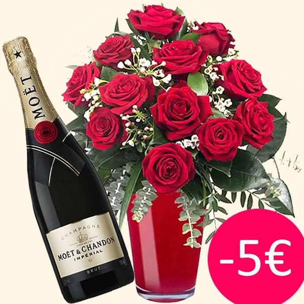 Consegna a domicilio Bouquet di 12 Rose rosse e Bottiglia di Champagne