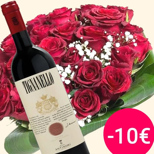 Consegna  Bouquet 30 Rose rosse con vino Tignanello