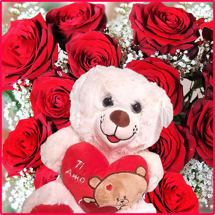 Regalo per San Valentino - Set composto da 12 rose rosse e orsacchiotto di Peluche. Consegna a domicilio 14 febbraio